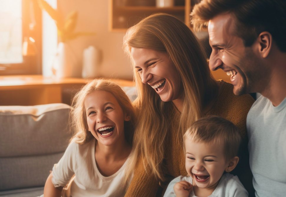 A young family of three, with a baby in the father's arms, watching a comedy show on TV.